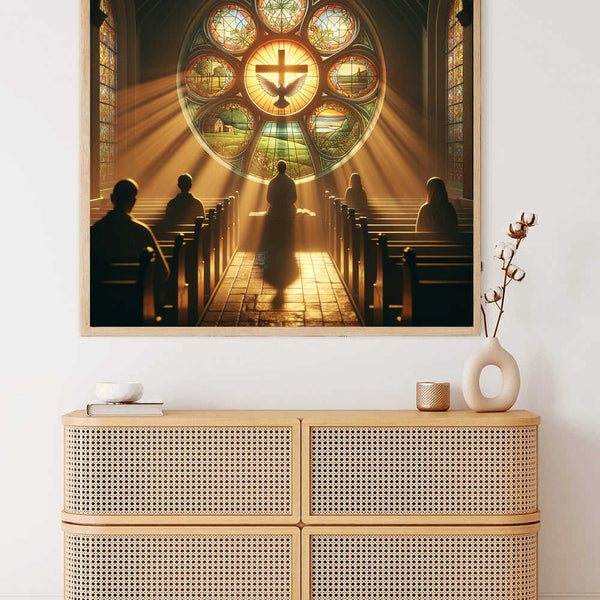 Paint by Numbers - Light of Faith depicting believers in a sunlit church with stained glass windows and central cross symbol.