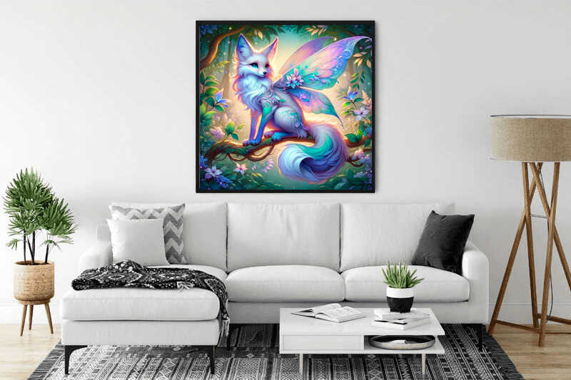 Paint by Numbers "Forest Whispers of Magic" in a bright living room, featuring a fox-butterfly creature surrounded by glowing blues and purples.