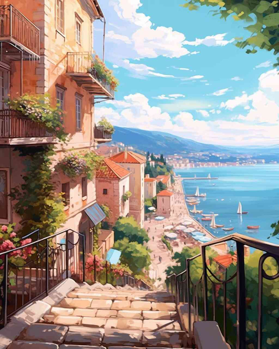 Paint by Numbers - Mediterranean Longing: Coastal town with terracotta roofs, pastel facades, and blue-green waves under a bright blue sky.