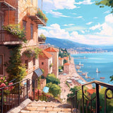 Paint by Numbers - Mediterranean Longing: Coastal town with terracotta roofs, pastel facades, and blue-green waves under a bright blue sky.