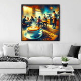 Paint by Numbers Coffee House Magic artwork on wall in cozy living room, featuring a latte in vibrant café scene with gold and blue swirls.