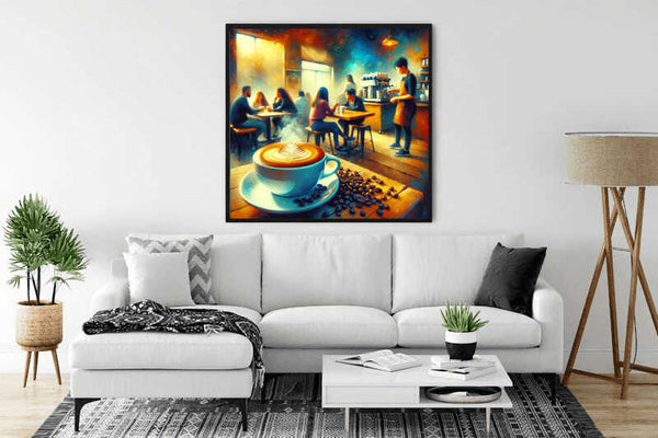 Paint by Numbers Coffee House Magic artwork on wall in cozy living room, featuring a latte in vibrant café scene with gold and blue swirls.