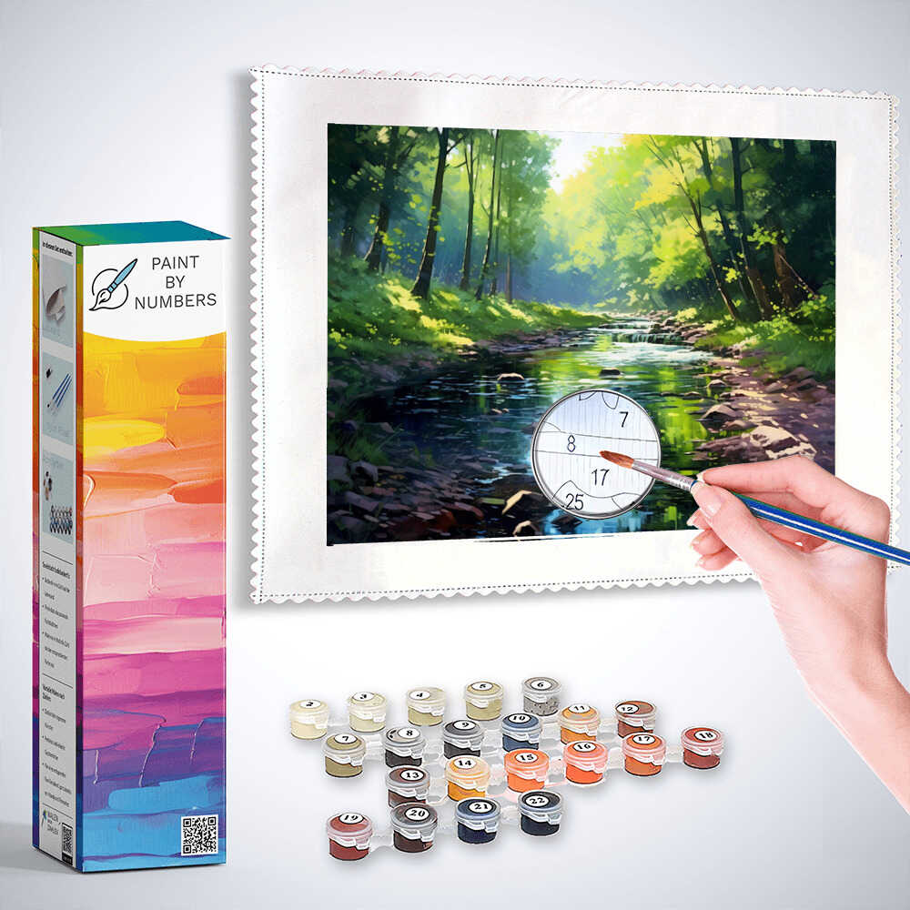 Paint by Numbers kit featuring a serene forest stream painting with bright green trees and sunlight, person painting with brush, and paint supplies.