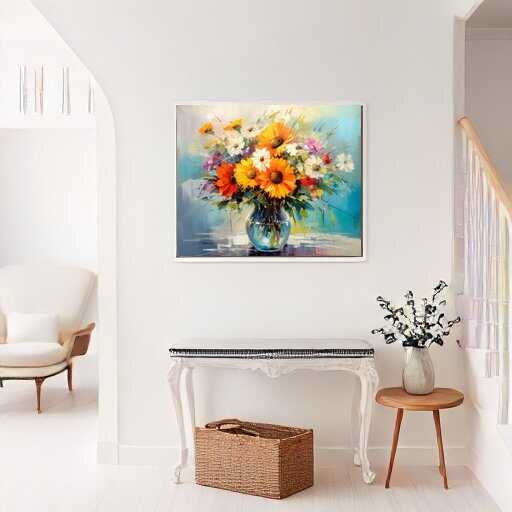 Paint by Numbers - "Colorful Joy in a Glass" painting of vibrant flowers in a vase displayed in a bright, modern room.