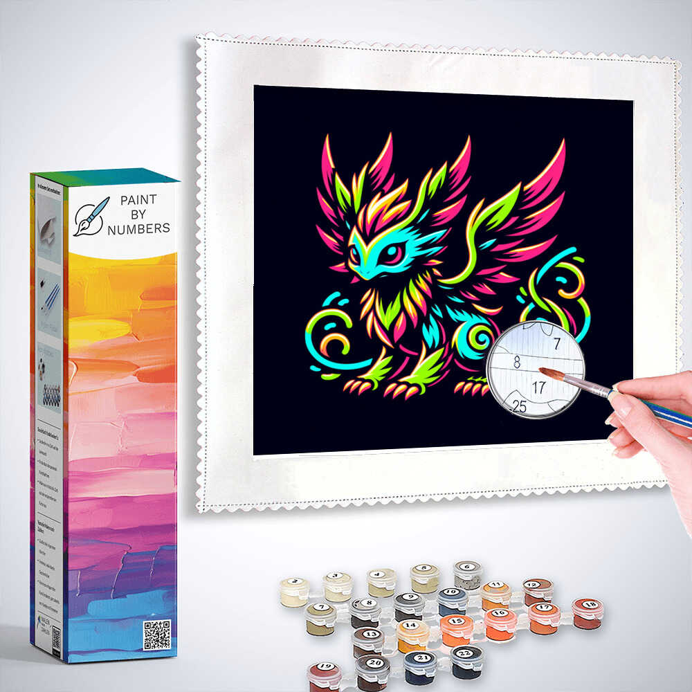 Paint by Numbers kit with luminous mythical creature artwork in neon blue, green, and pink hues, including paint pots and brush.