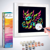 Paint by Numbers kit with luminous mythical creature artwork in neon blue, green, and pink hues, including paint pots and brush.