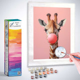 Paint by Numbers kit featuring Bubblegum Kiss, a whimsical giraffe with pink chewing gum on a soft pink background.
