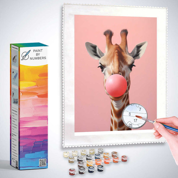 Paint by Numbers kit featuring Bubblegum Kiss, a whimsical giraffe with pink chewing gum on a soft pink background.