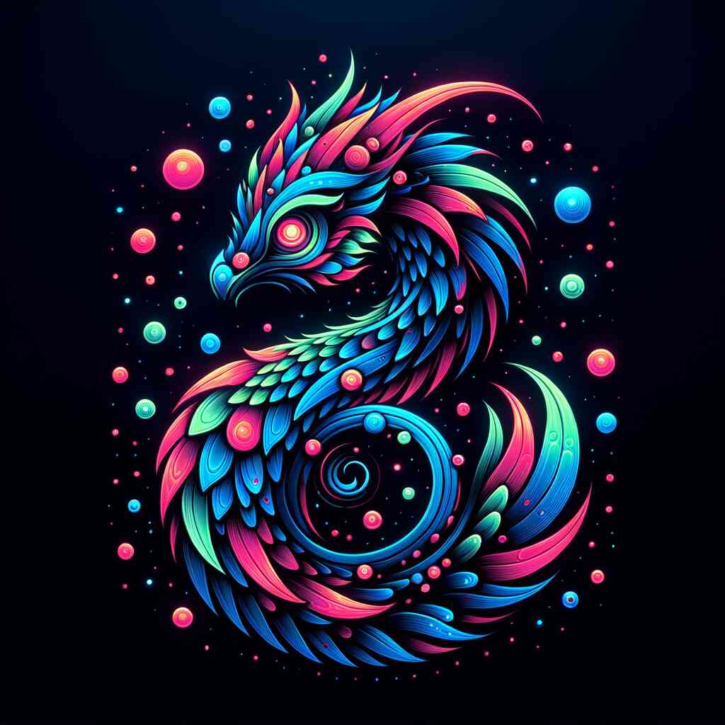 Paint by Numbers - Cosmic Phoenix with neon colors, abstract fantasy creature symbolizing rebirth and infinity against a dark background