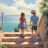Two children looking at the sea from stairs, Paint by Numbers kit, a Mediterranean impressionist scene with azure water and sunlit sky.
