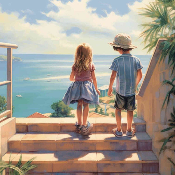 Two children looking at the sea from stairs, Paint by Numbers kit, a Mediterranean impressionist scene with azure water and sunlit sky.