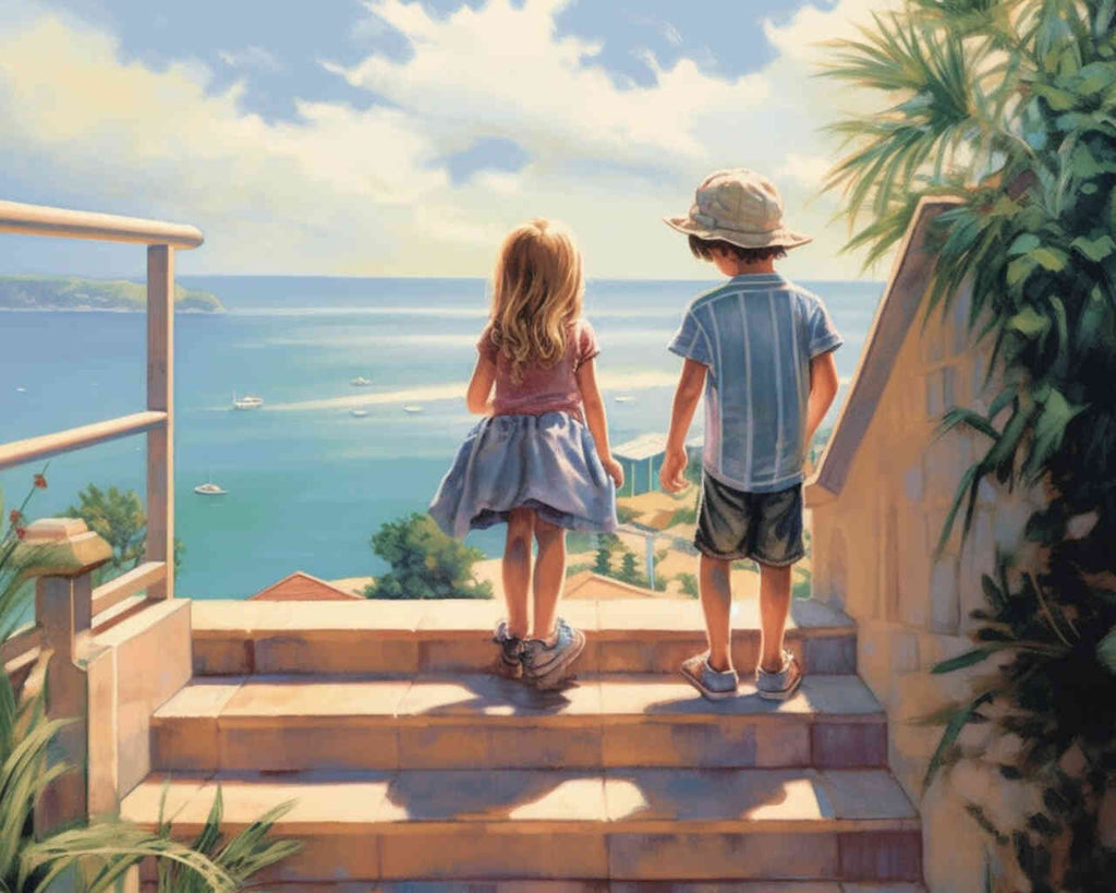 Two children looking at the sea from stairs, Paint by Numbers kit, a Mediterranean impressionist scene with azure water and sunlit sky.