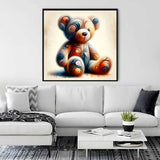 Paint by Numbers - Emotional Swirl; abstract teddy bear art with swirling warm colors, creating nostalgia and joy, displayed in a modern living room.