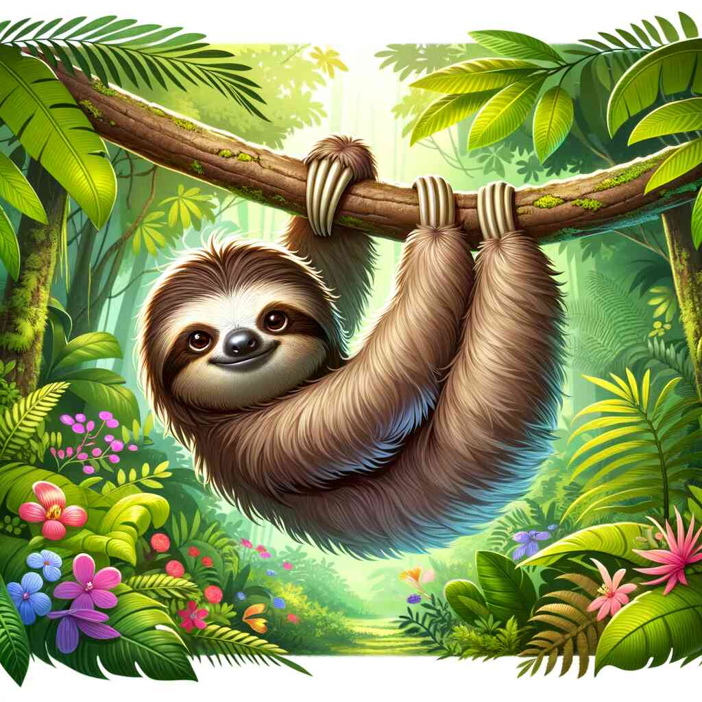 Paint by Numbers - Serene Jungle Dream with smiling sloth hanging from branch amid vibrant green tropical scenery