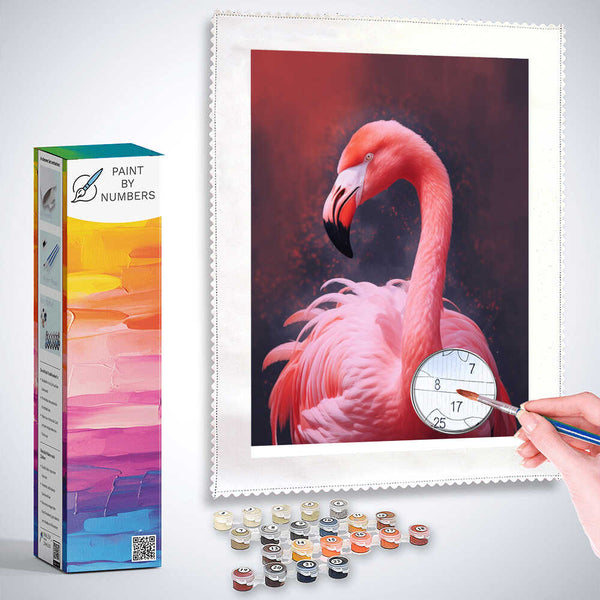Paint by Numbers kit featuring a majestic flamingo with coral-colored plumage against a warm red background, conveying calm and majesty