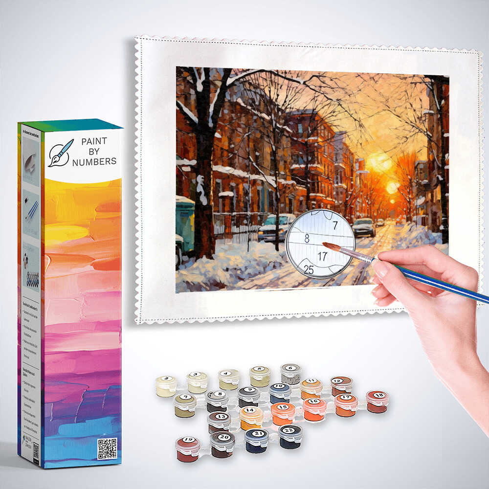 Paint by Numbers - Winter glow at dusk snowy street scene with sunset, painting set with paints and brush, impressionist winter art
