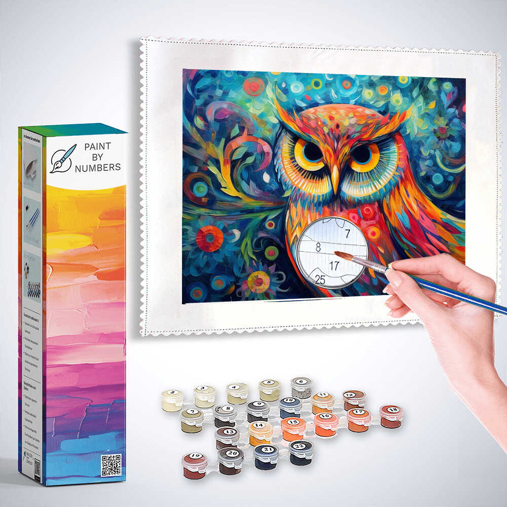 Paint by Numbers kit featuring a colorful owl artwork with vibrant spiraling patterns, surrounded by paint containers and a brush.