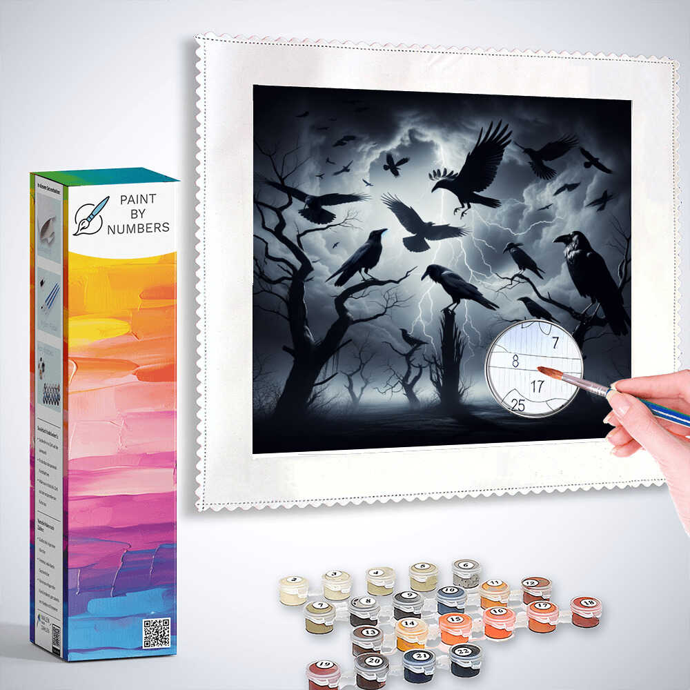 Paint by Numbers kit "Whispers of Eternity" featuring ravens in twilight with paintbrush, canvas, and paint pots.