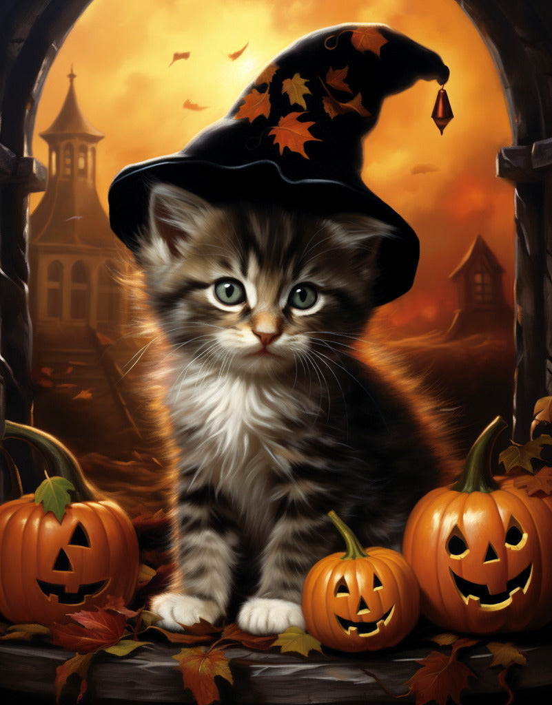 Paint by Numbers - Kitten with hat, Halloween