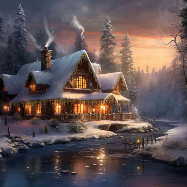 Paint by Numbers - A cozy log cabin wrapped in snow, with warm light, smoke rising from chimneys, and a frozen river at dusk in winter magic.