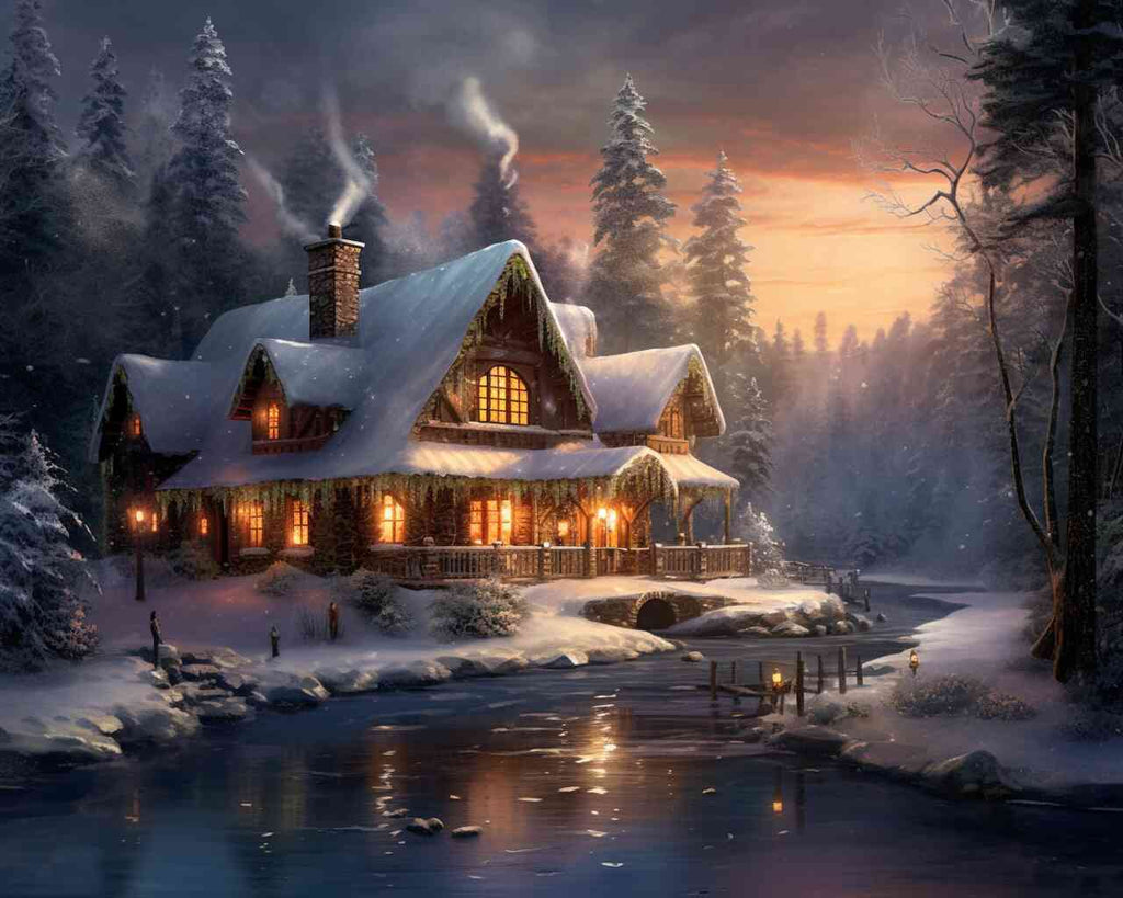 Paint by Numbers - A cozy log cabin wrapped in snow, with warm light, smoke rising from chimneys, and a frozen river at dusk in winter magic.