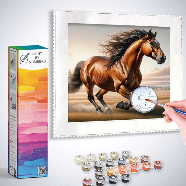Paint by Numbers - Untamed Freedom kit featuring a galloping horse in golden hues, with numbered paints and brushes for creating the artwork.