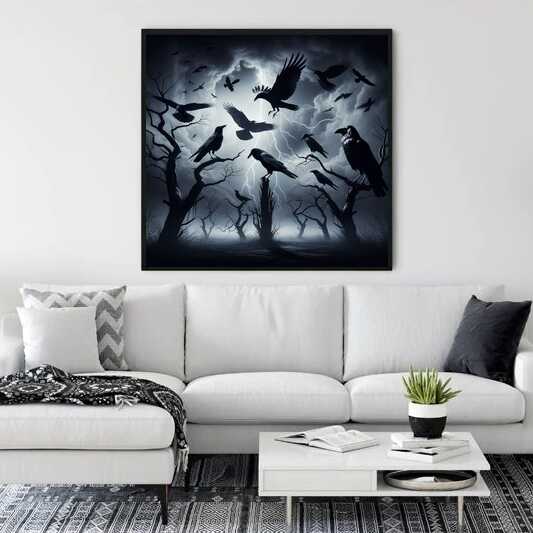 Paint by Numbers "Whispers of Eternity" displayed on a modern white wall, depicting ravens and lightning in a monochrome twilight forest.