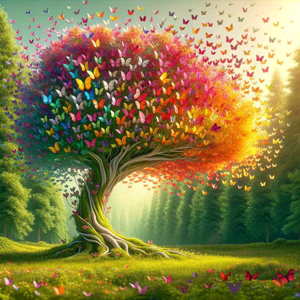 Paint by Numbers - Butterfly Tree of Love with colorful butterflies emerging from a bright tree crown in a sparse forest.