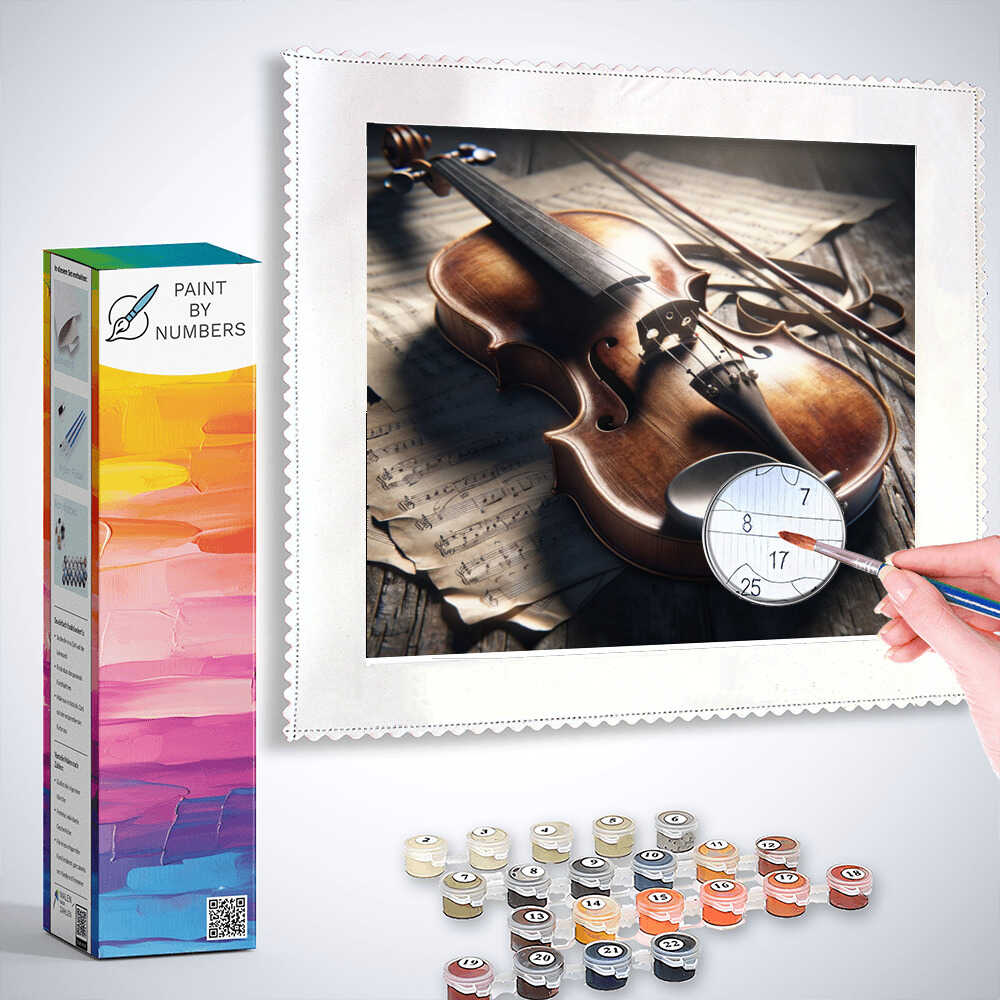 Paint by Numbers kit featuring a violin on aged music paper, bathed in morning light, with numbered paint pots and a hand holding a brush.