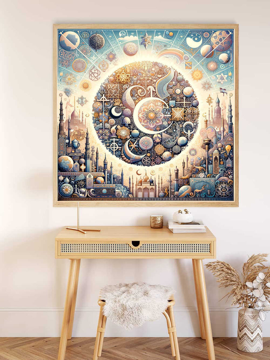 Paint by Numbers art titled "Harmony of Cultures" showcasing vibrant gold and azure tones with intricate cultural symbols and architecture.