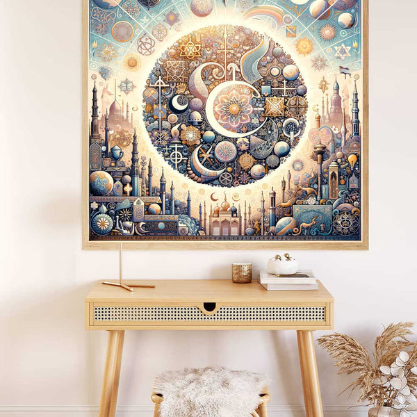 Paint by Numbers art titled "Harmony of Cultures" showcasing vibrant gold and azure tones with intricate cultural symbols and architecture.