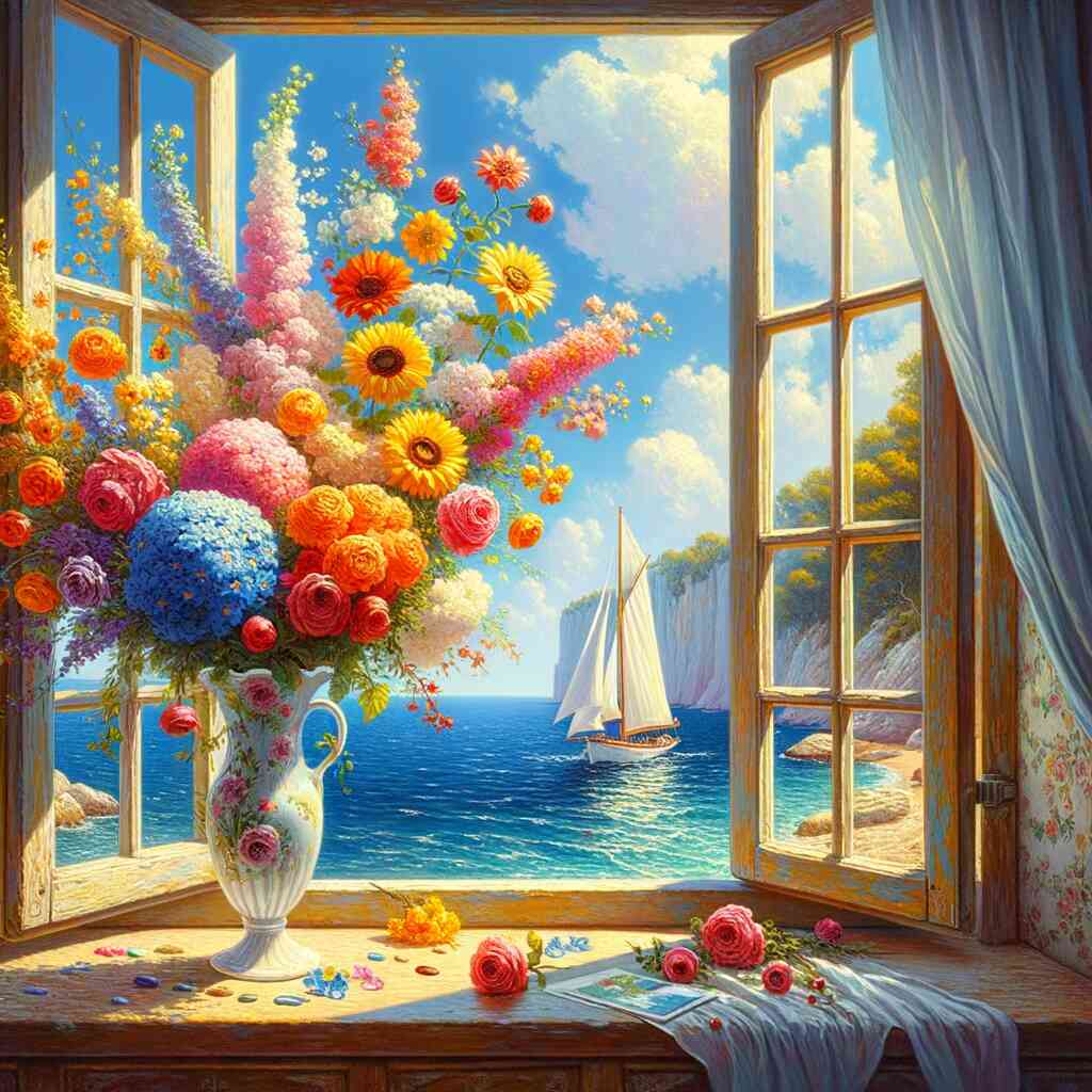 Paint by Numbers - Window view to paradise with a bouquet of pastel flowers, sailboat on the blue sea, and majestic cliffs in the background.