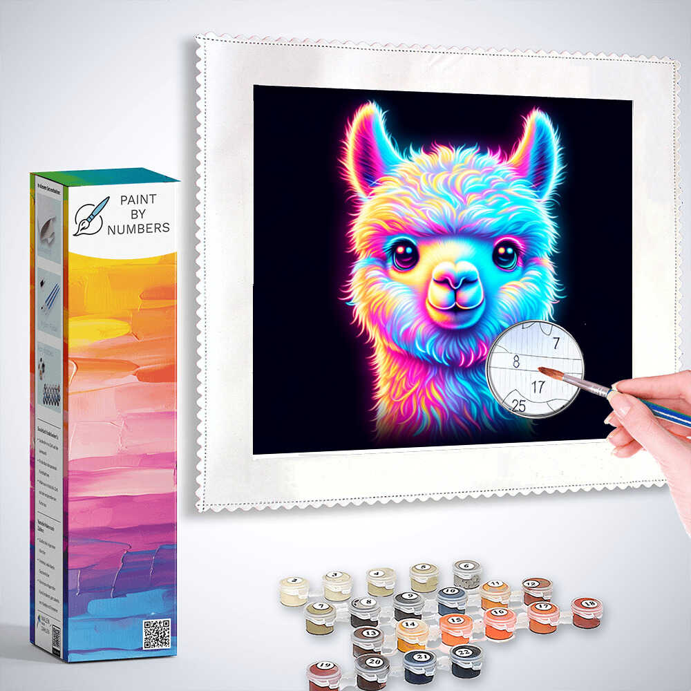 Paint by Numbers kit featuring vibrant neon llama painting with colorful paint pots and brush, inspired by Modern Pop Art.