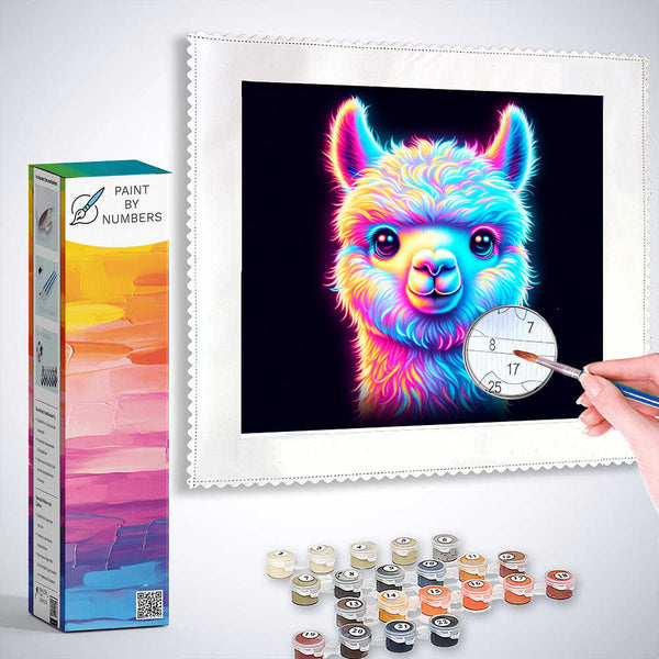 Paint by Numbers kit featuring vibrant neon llama painting with colorful paint pots and brush, inspired by Modern Pop Art.