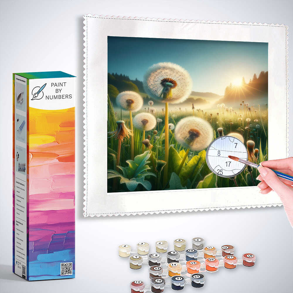 Paint by Numbers kit - Morning Light in Dandelion Valley with a hand painting vibrant dandelion scene in golden morning light.