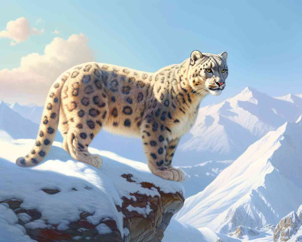 Paint by Numbers - Majestic snow leopard on a snow-covered cliff with rugged mountain peaks and pastel sky in the background.