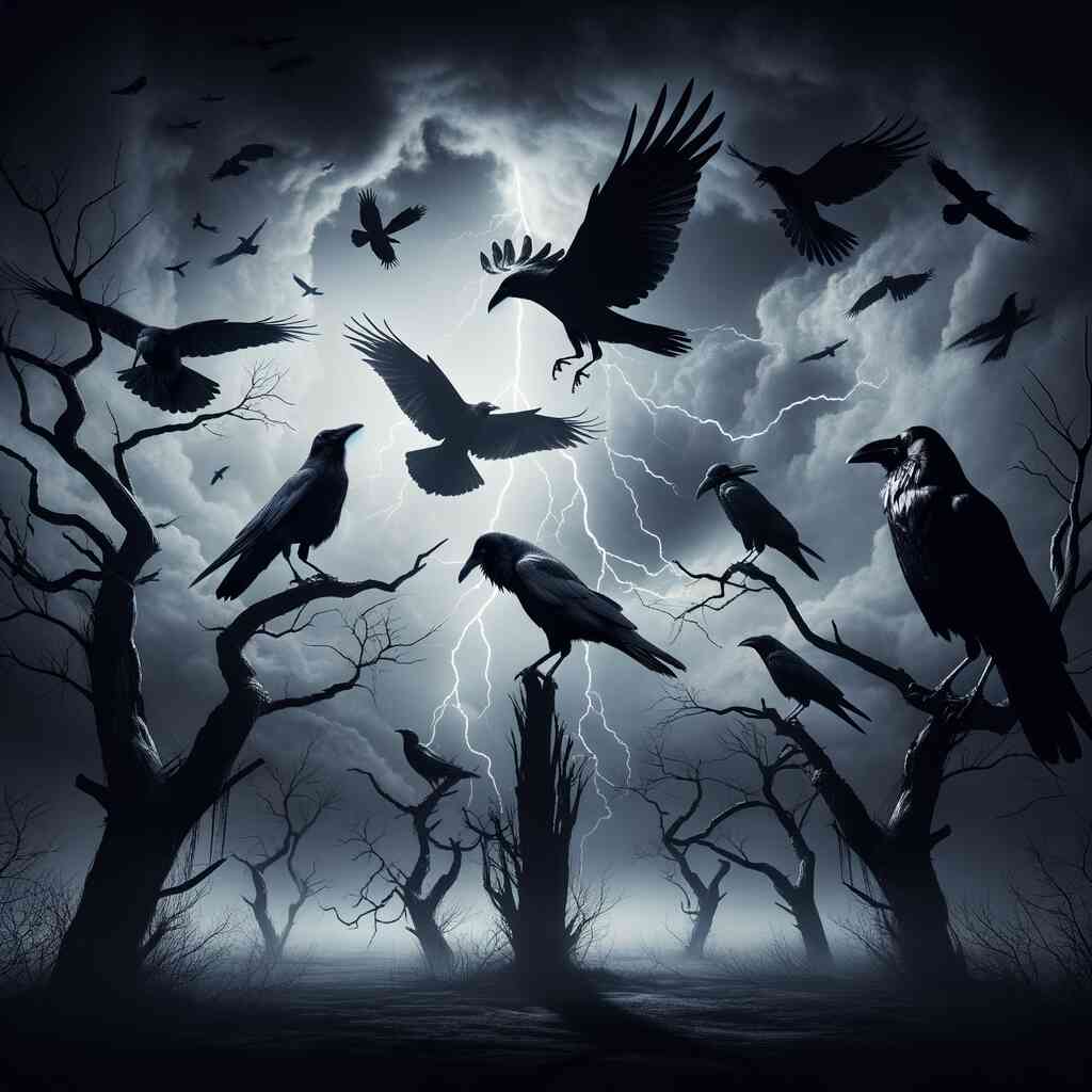 Paint by Numbers "Whispers of Eternity" with ravens flying from ancient trees against a stormy sky with lightning, in a monochrome color palette.