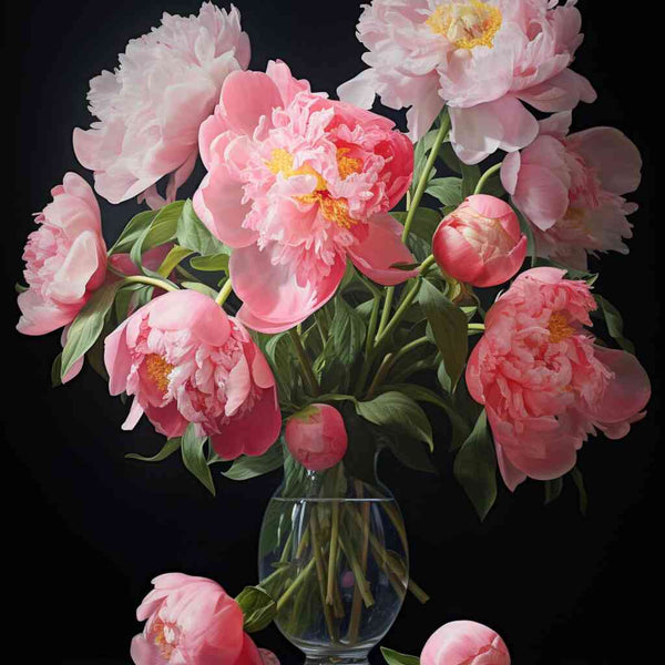 Paint by Numbers - Flower magic in midnight, pink peonies in a glass vase against a rich black background, blending photorealism and romanticism