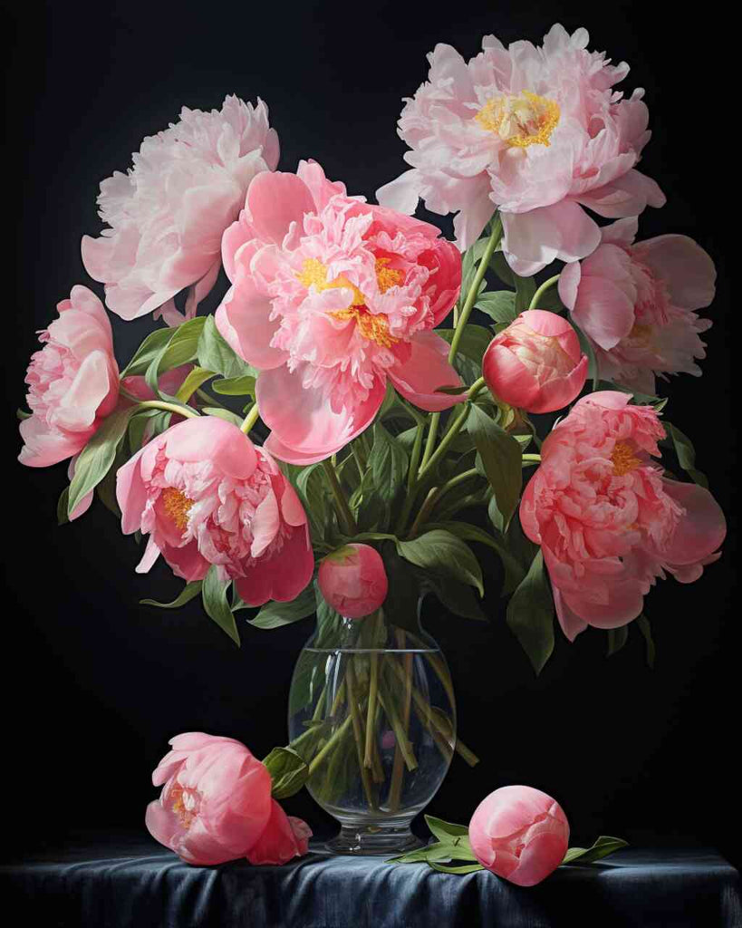 Paint by Numbers - Flower magic in midnight, pink peonies in a glass vase against a rich black background, blending photorealism and romanticism