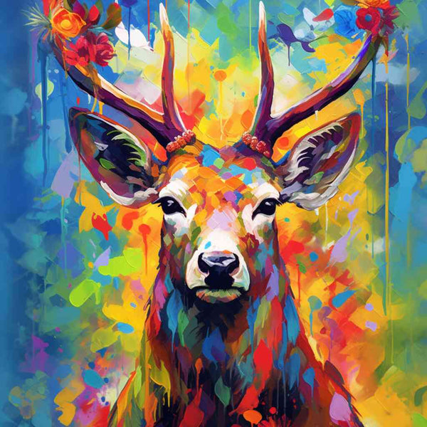 Paint by Numbers - Colourful forest depicting a stag with vibrant antlers against a background of blues, yellows, and reds.