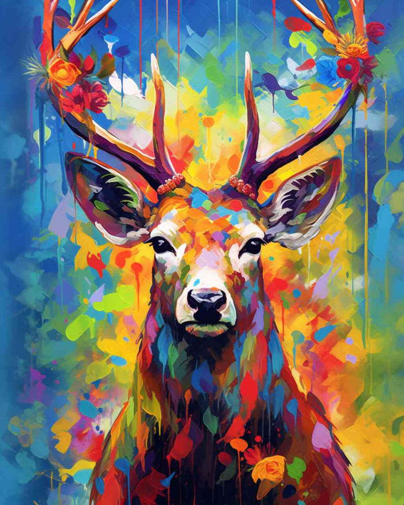Paint by Numbers - Colourful forest depicting a stag with vibrant antlers against a background of blues, yellows, and reds.