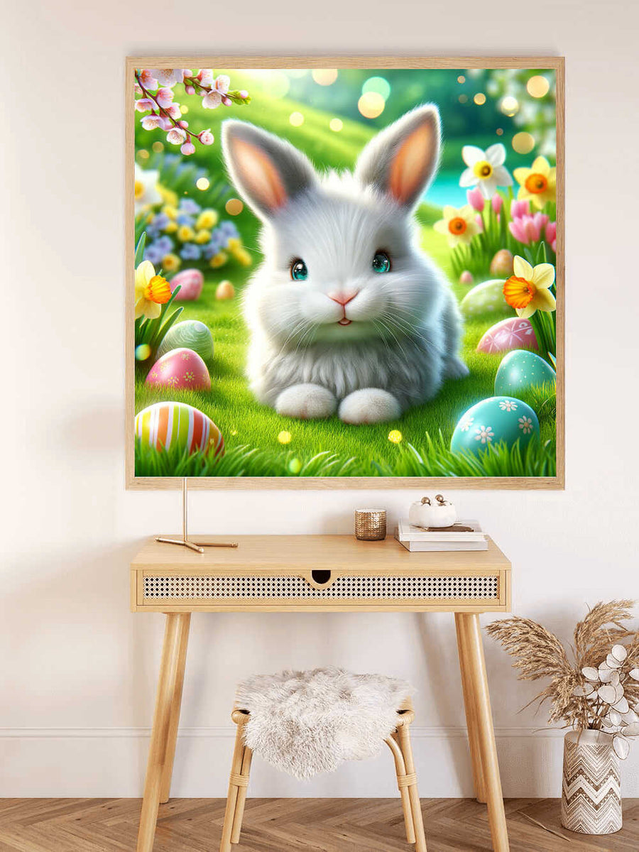 Paint by Numbers kit - "Easter Magic in Pastel" featuring a cute bunny in a spring meadow with decorated eggs in soft pastel tones.