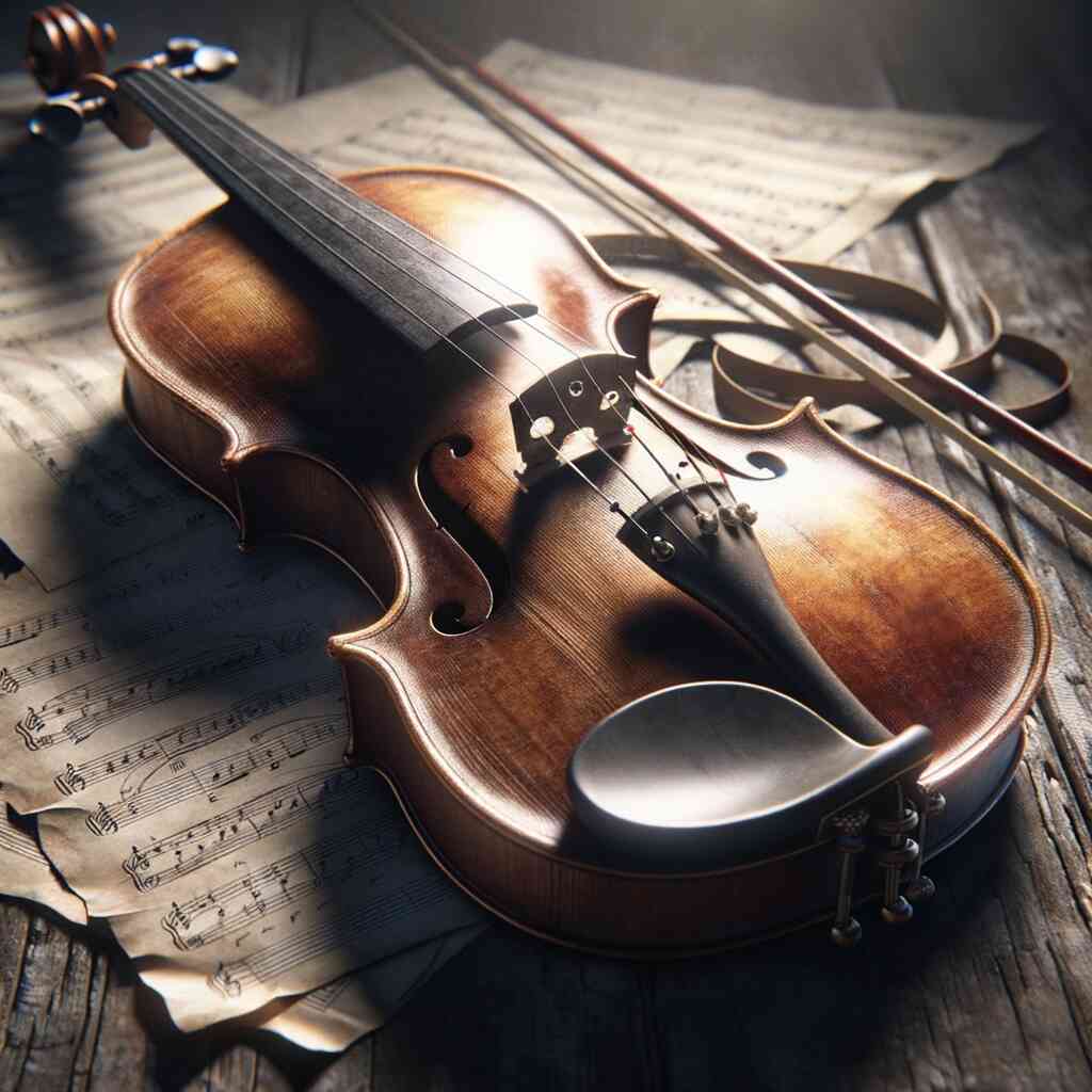 Paint by Numbers - Violin resting on weathered music paper with morning light, showcasing golden brown wood tones and artistic passion.