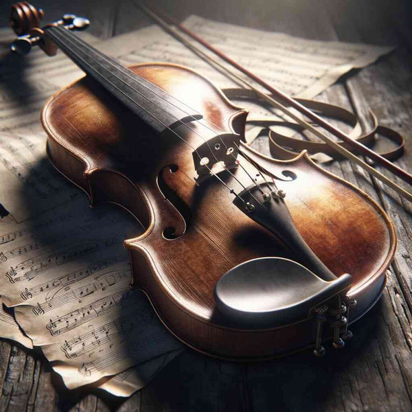 Paint by Numbers - Violin resting on weathered music paper with morning light, showcasing golden brown wood tones and artistic passion.