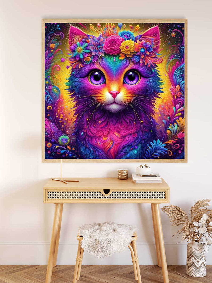 Paint by Numbers - Mystical Elegance featuring a colorful cat with deep purple eyes and floral patterns in a modern surrealism style.