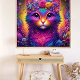 Paint by Numbers - Mystical Elegance featuring a colorful cat with deep purple eyes and floral patterns in a modern surrealism style.