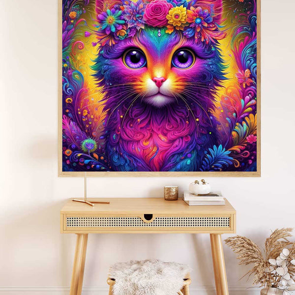 Paint by Numbers - Mystical Elegance featuring a colorful cat with deep purple eyes and floral patterns in a modern surrealism style.