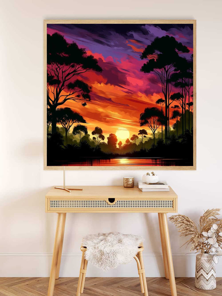 Paint by Numbers - Evening Glow in the Secret Forest artwork, depicting a romantic and mysterious dusk with scarlet and purple sky over a serene forest scene