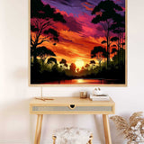 Paint by Numbers - Evening Glow in the Secret Forest artwork, depicting a romantic and mysterious dusk with scarlet and purple sky over a serene forest scene