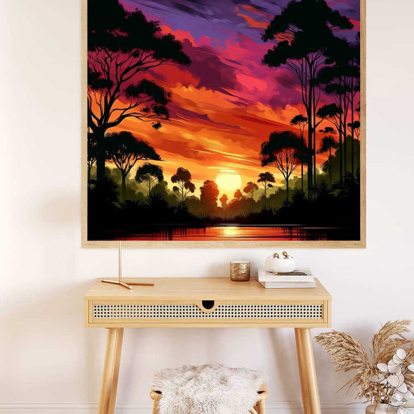 Paint by Numbers - Evening Glow in the Secret Forest artwork, depicting a romantic and mysterious dusk with scarlet and purple sky over a serene forest scene